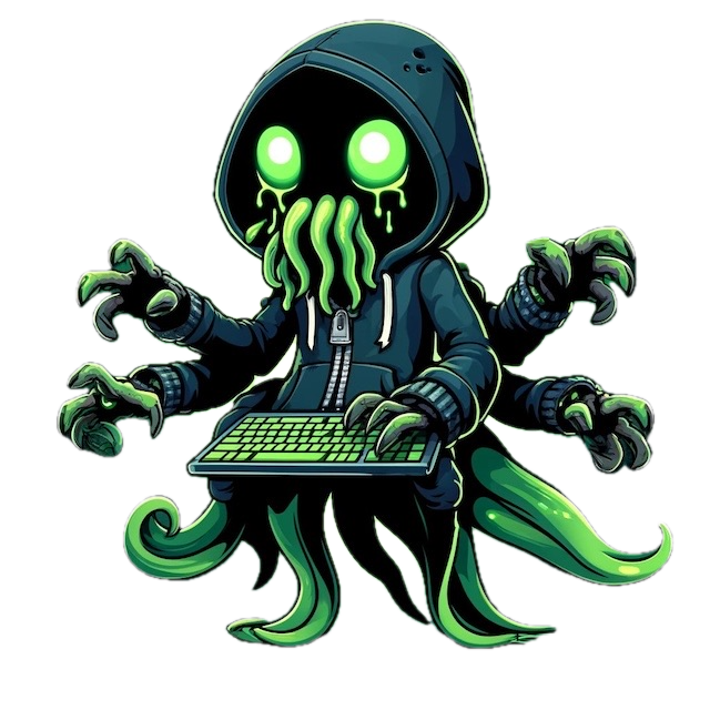 HLQSEC Brand Logo: A hooded, tentacled figure with glowing green eyes coding on a keyboard.